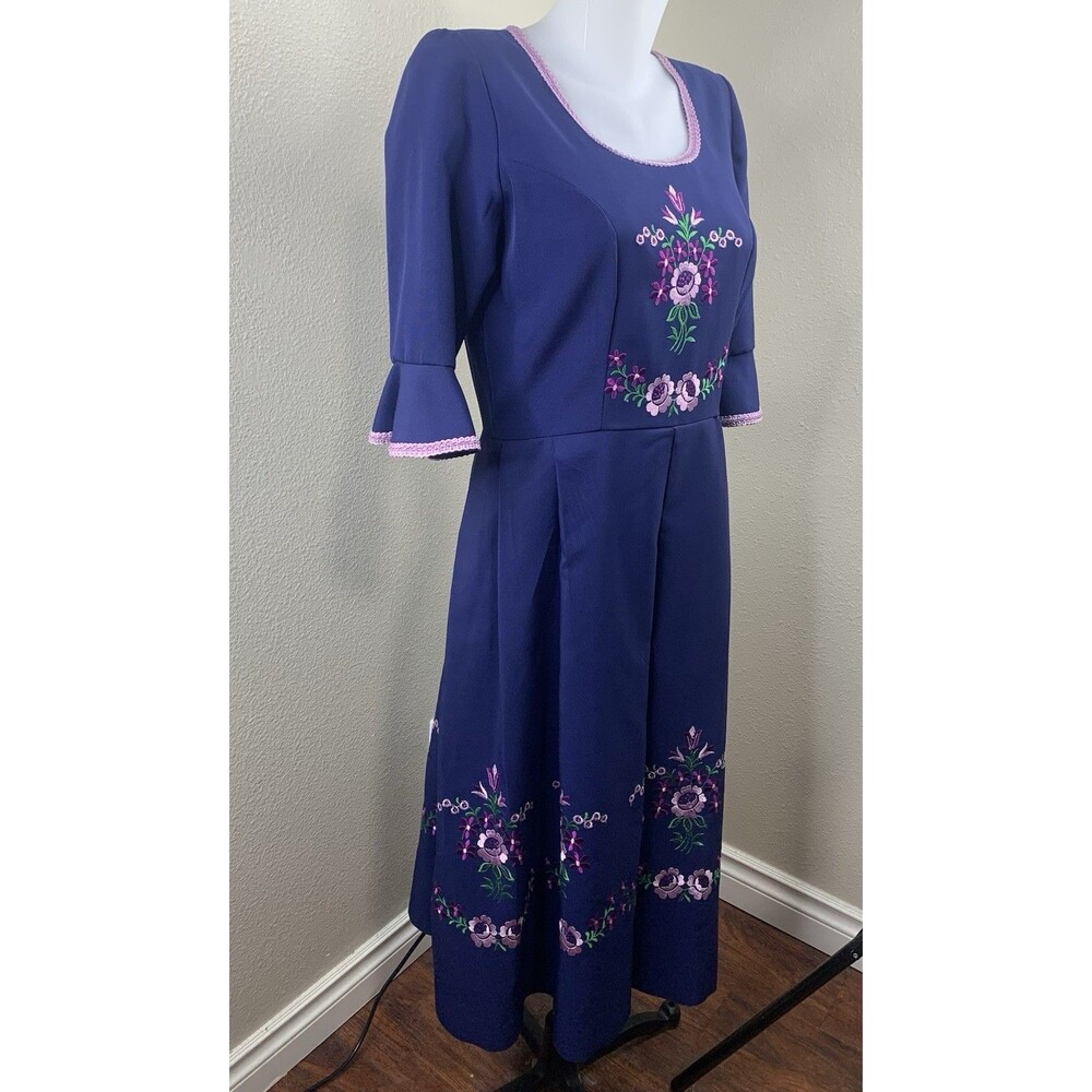 Vtg Rare Midi Blue Purple Germany Intimex Co. Embroidered Dress Sz 12 Belted Zip